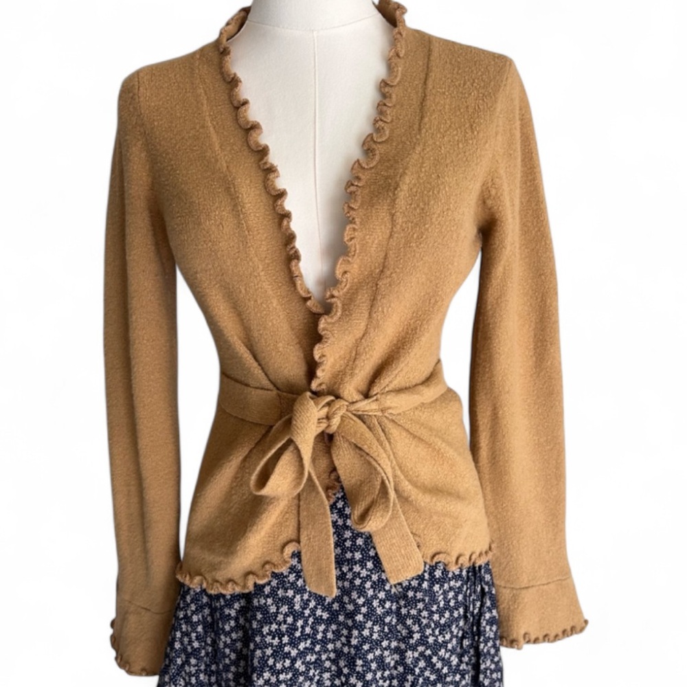Y2K SIMPLY FLAWLESS 90s Brown Bell Sleeve Wool Fitted Cardigan Indie Preppy Sz S